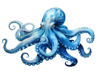 Octopus Watercolor in Blue Tone with Transparency Background