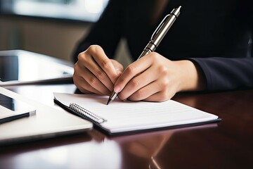 Close-up of hands taking notes in a lined notebook, business setting