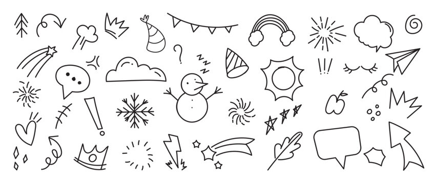 Set of cute pen line doodle element vector. Hand drawn doodle style collection of snowman, rainbow, arrows, stars, sun, thunder, speech bubble. Design for print, cartoon, card, decoration, sticker.