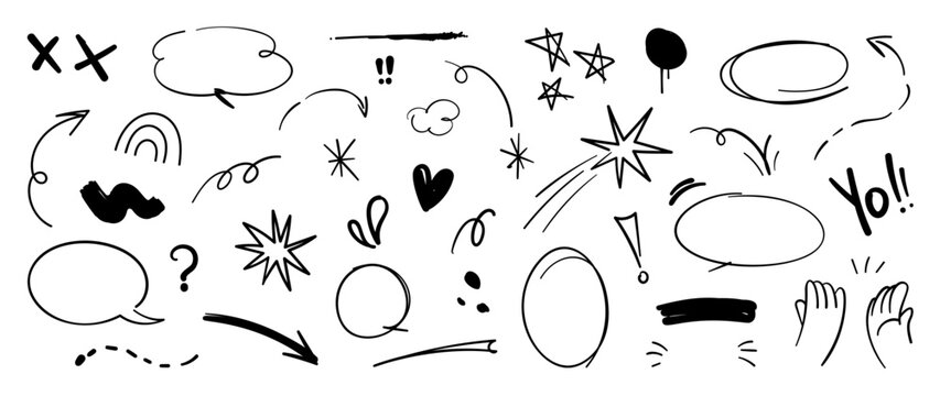 Set of cute pen line doodle element vector. Hand drawn doodle style collection of heart, arrows, scribble, speech bubble, chat, star, marks. Design for print, cartoon, card, decoration, sticker.