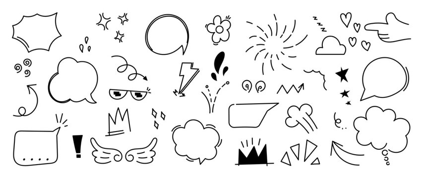 Set of cute pen line doodle element vector. Hand drawn doodle style collection of scribble, firework, arrows, stars, cloud, flower, speech bubble. Design for print, cartoon, card, decoration, sticker.