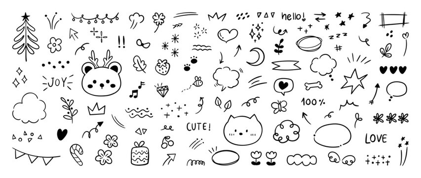 Set of cute pen line doodle element vector. Hand drawn doodle collection of cat, bear, stars, sparkle, words, heart, flower, scribble, arrows. Design for print, cartoon, card, decoration, sticker.