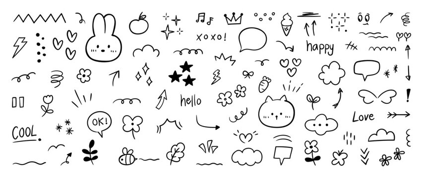 Set of cute pen line doodle element vector. Hand drawn doodle collection of rabbit, cat, stars, sparkle, words, heart, flower, scribble, arrows. Design for print, cartoon, card, decoration, sticker.