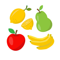  Set of fruits, apple, lemons, bananas, pear. Isolated objects on a white background, vector illustration