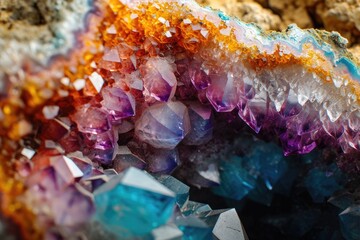 Close up of a colorful geode with crystal formations inside. - obrazy, fototapety, plakaty
