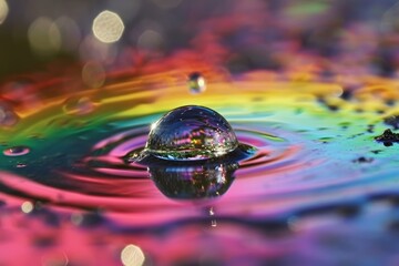 Close up of a vivid rainbow reflecting in a water droplet.