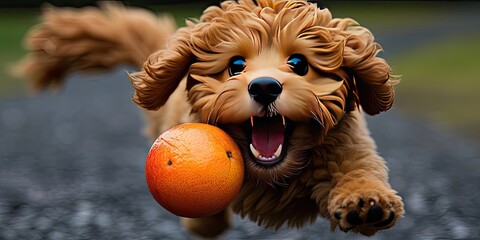 Adorable Fluffy Puppy Joyfully Playing Fetch with Orange Ball