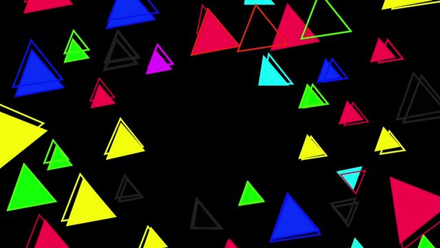 2d rotation animation of filled triangle shapes with turbulence displacement effect on black background for titles or intro, abstract background