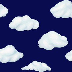 Seamless pattern of Cartoon cute illustration. Blue background. fluffy clouds float across the sky. Beautiful weather. Watercolor tenderness. spring, summer, autumn, Children textile, fabric, wrapping