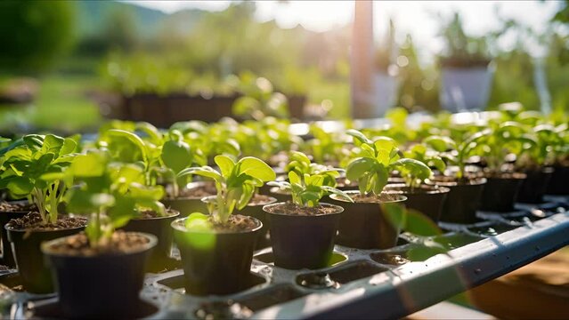 Closeup of a row of potted herbs, being watered by a drip irrigation system in an automated home gardening system.