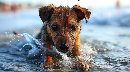 Determined Dog Wading Through Water with Focus and Drive