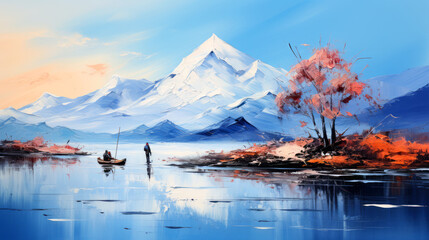 Mountain landscape with a fisherman on the lake. Digital painting. - obrazy, fototapety, plakaty