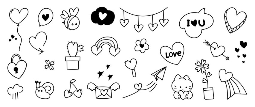 Set of valentine doodle element vector. Hand drawn doodle style collection of heart shaped, rainbow, arrows, flower, cat, bee, snail, love letter. Design for print, cartoon, card, decoration, sticker.