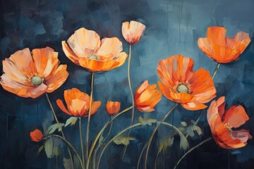 poppies flowers on dark background, illustration in oil painting style, Post-impressionist style...