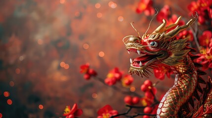 Happy chinese new year, year of the dragon zodiac sign flowers and red background. Copy space - obrazy, fototapety, plakaty