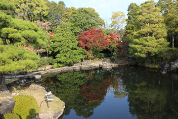 Obraz premium Autumn leaves and pond in the Garden of the Lord's Residence in Koko-en Garden, Himeji, Japan