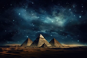 The Great Pyramids of Giza at night. 3D rendering, Pyramids in the desert at night time with a starry sky and milky way, portrayed in an abstract picture style, AI Generated - obrazy, fototapety, plakaty