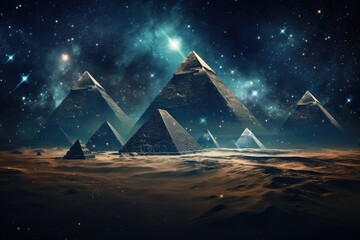 Giza pyramids in the desert. Elements of this image furnished by NASA, Pyramids in the desert at night time with a starry sky and milky way, portrayed in an abstract, AI Generated - obrazy, fototapety, plakaty