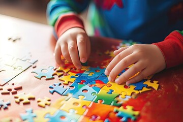 Hands assembling colorful puzzle pieces on a table.