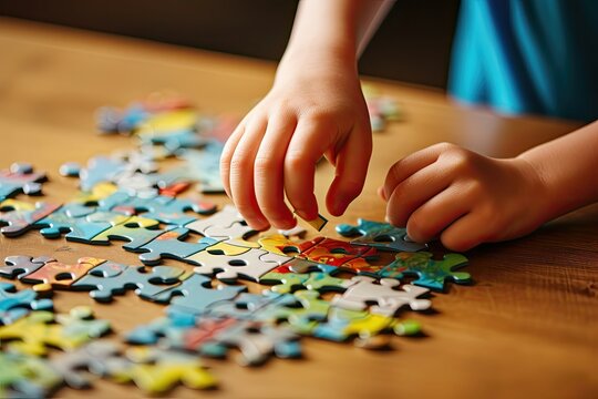 Child solving a colorful puzzle on a wooden table.