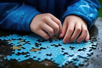 Fototapeta premium Child’s hands assembling a puzzle in the rain.
