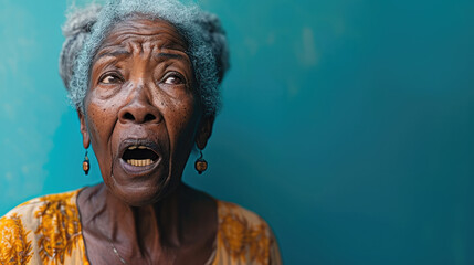 Shocked old black woman standing in front of a solid blue background. Generative AI. - obrazy, fototapety, plakaty