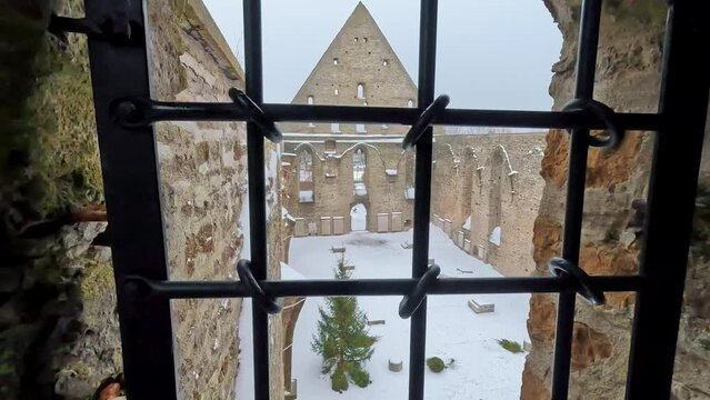 Pirita Convet Ruins in Tallinn Estonia. Historical Architecture of the Pirita Convent. Winter Time Snowy Day. St. Bridget's Convent Ruins Medieval Monastery, Slow Motion Stedycam Shot