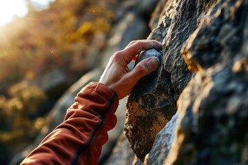 Close-up of a climber's hand gripping a rock - obrazy, fototapety, plakaty