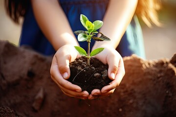 Young child holding a small plant with soil, symbolizing growth and care.