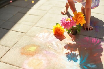 Child's hand reaching for colorful flowers with shadow play on the ground.