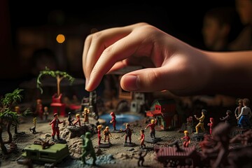Hand playing with miniature figures in a detailed diorama.