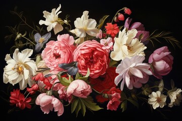 Bouquet of spring flowers on a black background. Vintage style, Realistic-style painting of a bouquet of flowers, AI Generated