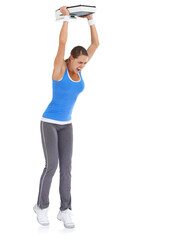 Angry woman, weight loss and throwing scale on ground isolated on a white studio background. Frustrated female person upset with body, disappointment or furious from diet or breakdown on mockup space