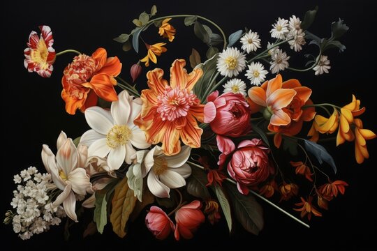 Bouquet of spring flowers on a black background. Studio photography, Realistic-style painting of a bouquet of flowers, AI Generated