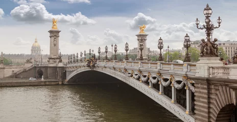 Fototapete Pont Alexandre III Panorama with Pont Alexandre III Bridge and overlooking the old city, cloudy day. France Paris