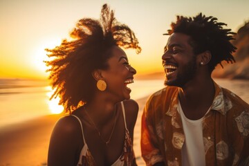 Happy african american woman in swimsuit smiling on beach at sunset, A black couple enjoying travel and beach fun, laughing during a sunset nature adventure and summer vacation, AI Generated - Powered by Adobe
