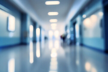 blurred of background. interior of a modern hospital with an empty long corridor, there are treatment rooms and waiting room for patients and families between the corridor with bright white lights.