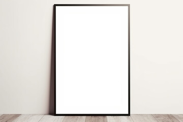 A transparent portrait mockup frame in PNG format leans casually against a wall on the floor, offering a contemporary and laid-back setup for showcasing artwork. Photorealistic illustration