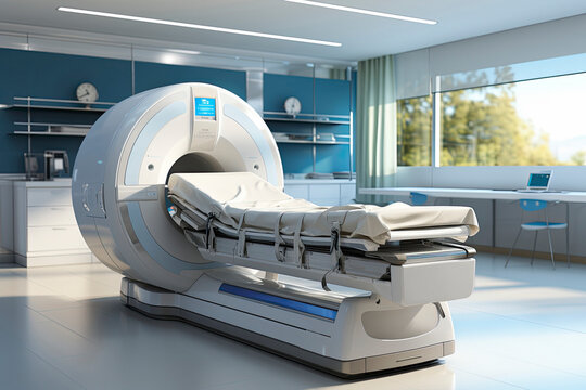 Medical CT or MRI or PET Scan Standing in the Modern Hospital Laboratory. CT Scanner, Pet Scanner in hospital in radiography center. MRI machine for magnetic resonance imaging in hospital radiology