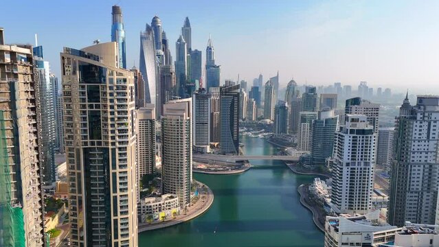 Aerial view of Dubai Marina. Dubai Marina is an affluent residential neighborhood known for The Beach at JBR.