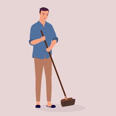 One Smiling Man Sweeping Floor With A Broom. Full Length.