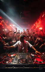 dj with dj set plays set on concert in bright stage lights. Professional disc jockey playing...