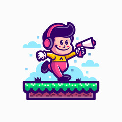 illustration of cute cartoon boy holding speaker