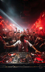 dj with dj set plays set on concert in bright stage lights. Professional disc jockey playing...