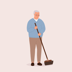 One Smiling Senior Man Sweeping Floor With A Broom. Full Length.