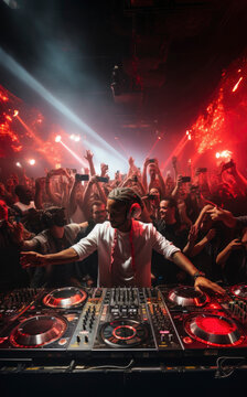 dj with dj set plays set on concert in bright stage lights. Professional disc jockey playing electronic music on festival in night club
