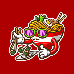 illustration of cute cartoon ramen character enjoy sushi