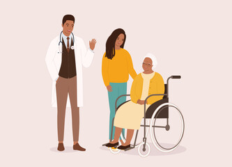 Friendly Black Male Doctor In Lab Coat And Stethoscope Waving Hello To The Senior Woman In Wheelchair And Her Teenage Granddaughter. Full Length.