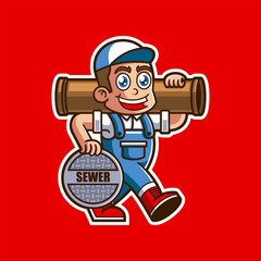 illustration of cute cartoon plumbing worker