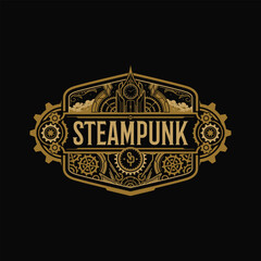 illustration of gears badge with tower and clock 